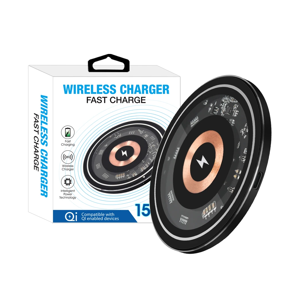 แผ่นชาร์จโทรศัพท์มือถือไร้สาย15W Qi ที่ชาร์จแบบกลมชาร์จเร็วโปร่งใสสำหรับ iPhone 14