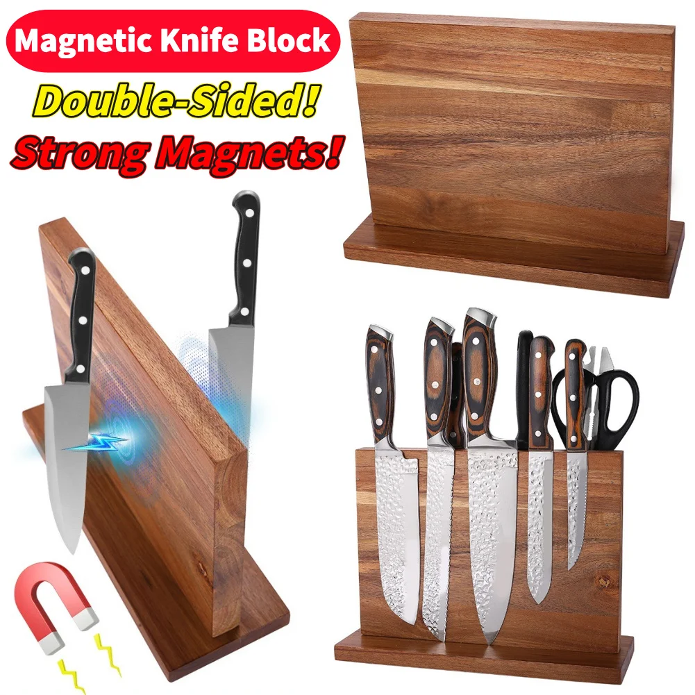 

Double-Sided Strong Magnetic Knife Holder Solid Wood Knife Stand Home Knife Cutlery Storage Rack Kitchen Counter Organizer