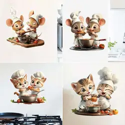Funny Couple Cat Chef Mouse Kitchen Wall Decal Self-Adhesive Gourmet Food Sticker for Living Room Refrigerator Decor M1129