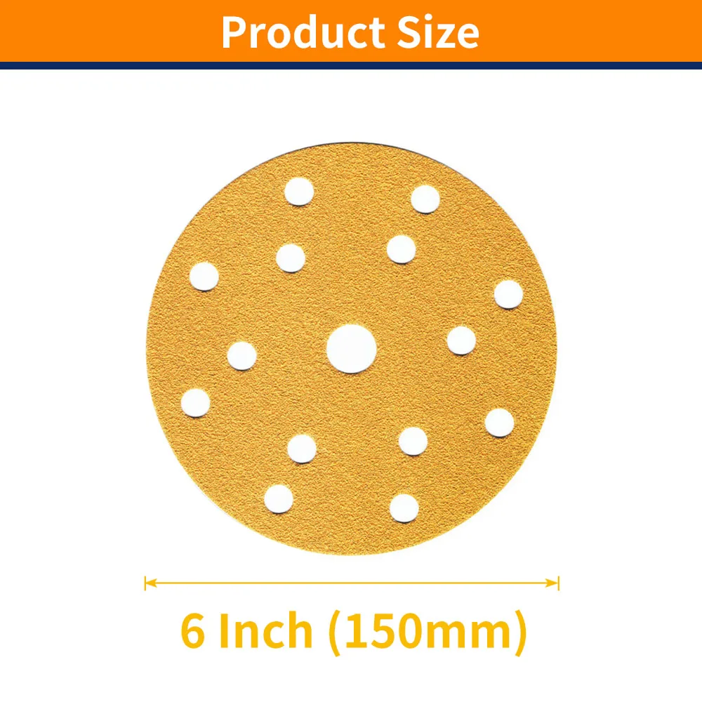 For Automotive and Woodworking 50PCS 6-Inch 15-Hole Hook and Loop Sanding Discs 40-800-Grit,150mm Random Orbital Sandpaper