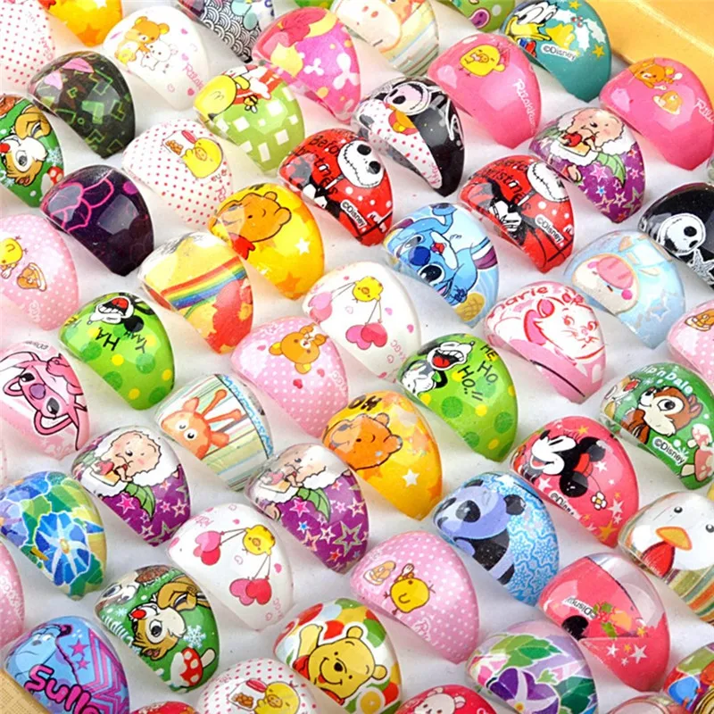 10PCS Wholesale Cute Cartoon Animal Character Children Kids Acrylic Rings Set Finger Jewelry For Birthday Party 15MM