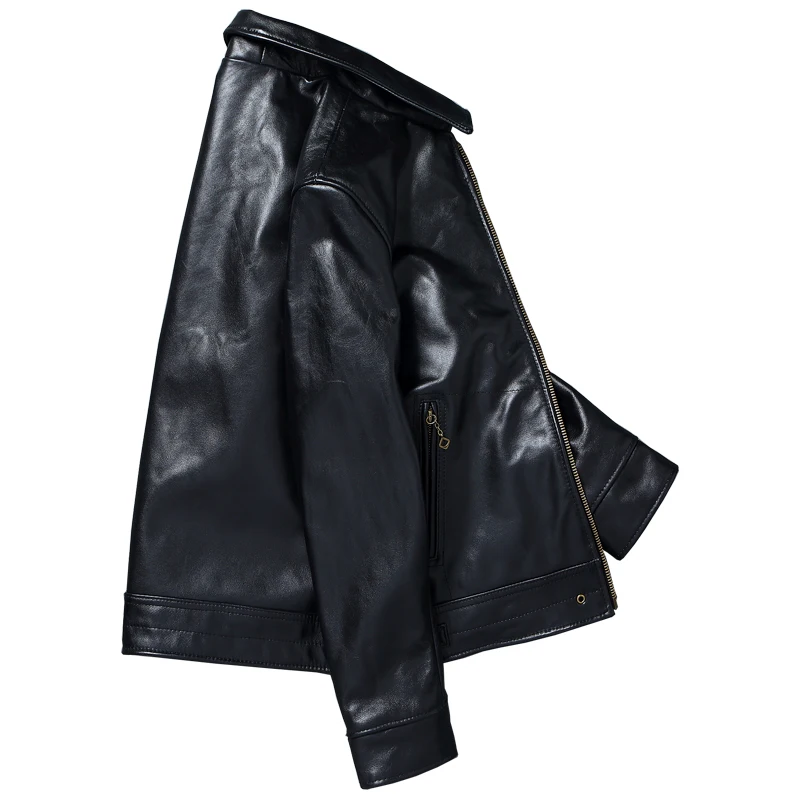 Black Classic Made of Genuine Leather Jacket Men Natural Top Layer Cowhide Leather Jacket Simple  slim Fashion corium Moto Coat