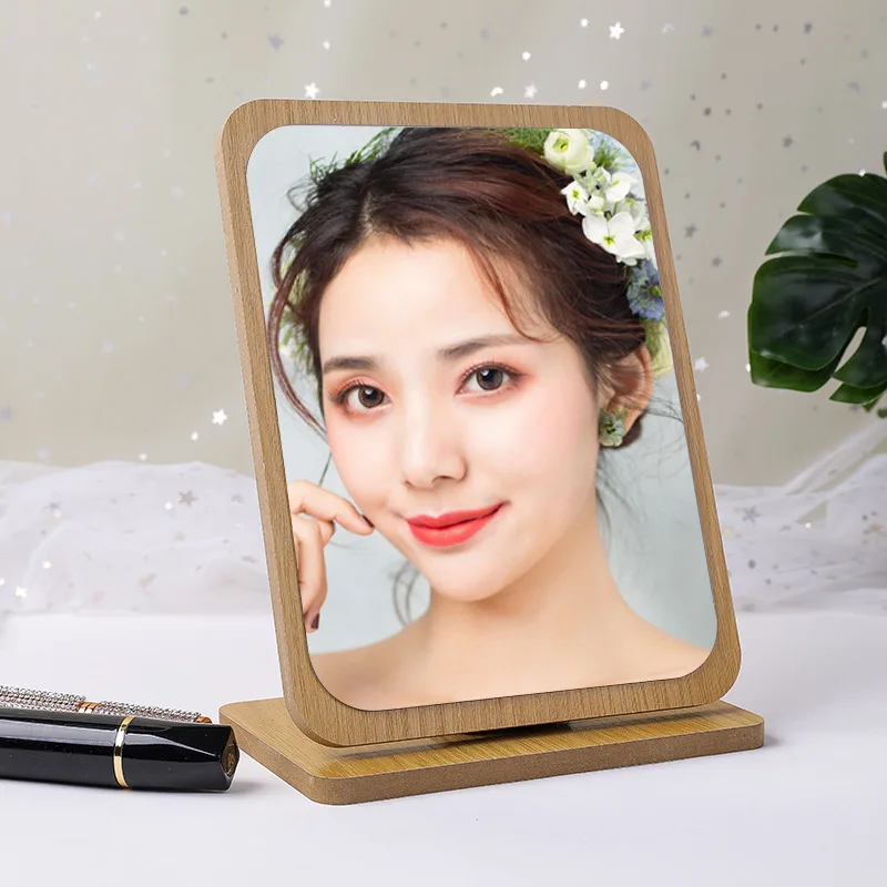 Wooden Desk Mirror Swivel Single-Sided Makeup Table Mirror Portable Removable Countertop Private Room High-Definition Make Up