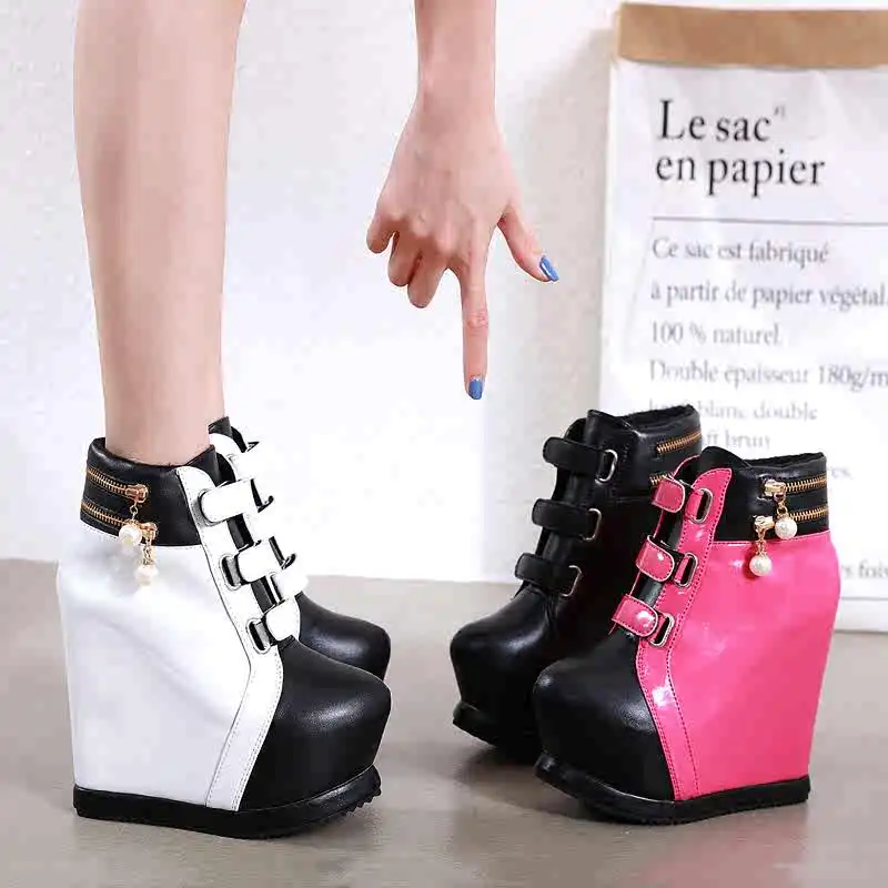 

Winter Warm 14cm Ultra High Heels Platform Shoes Women PU Leather Thick Bottom Interior Height Short Boots Woman Ankle Boots