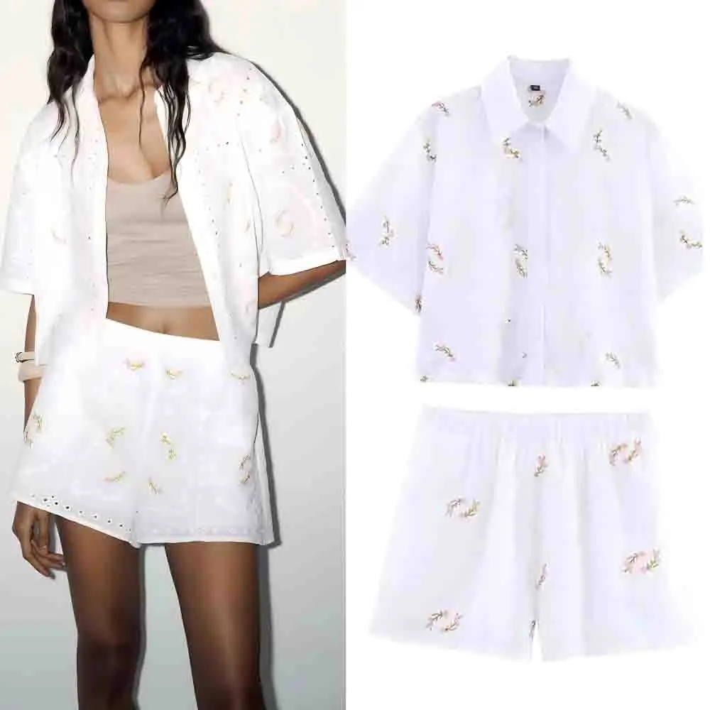 

Women's New Fashion Casual Single breasted Flower Embroidered Shirt Retro Lapel Short sleeved Women's Shirt Chic Top+Shorts suit