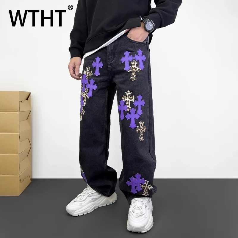 

WTHT Fashion Men's Spliced Contrast Color High Street Denim Pants Trendy 2025 Summer Casual Wide Leg Straight Jeans Male 2A1313