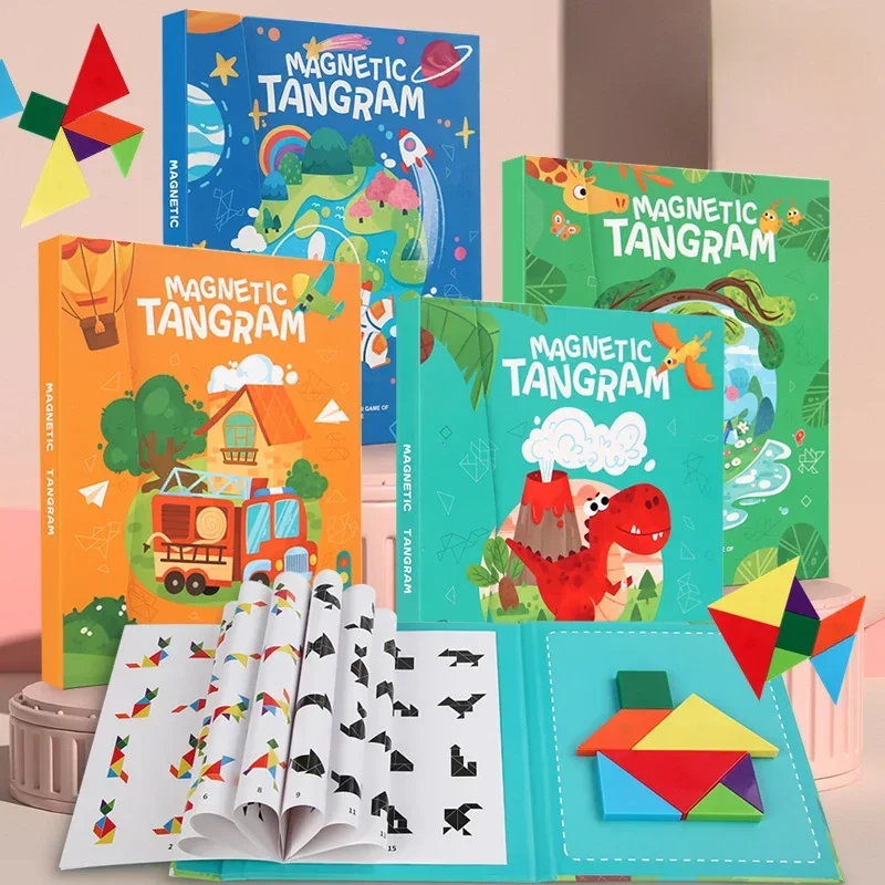 Holz Puzzle Magnetische Tangram Puzzle Buch Pädagogisches Spielzeug Für Kinder Baby Kind Tragbare Montessori Lernen Intelligenz