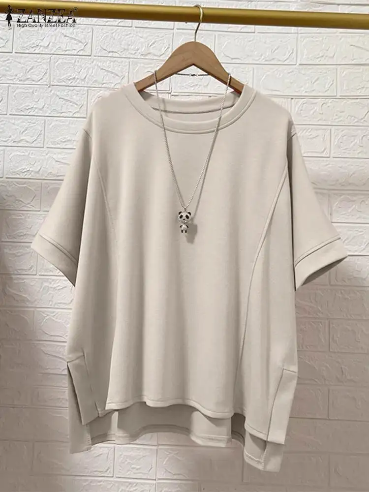 ZANZEA Casual Loose Women Tops Solid Color High Low Drop-shoulder Half Sleeve Tees Streetwear Korean Fashion Side Slit T-shirts