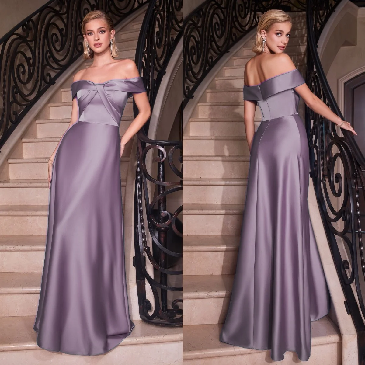 

Satin Off the Shoulder Simple Bridesmaid Dresses Elegant Criss-Cross Backless A-line Cocktail Dress Plain Wedding Party Gowns