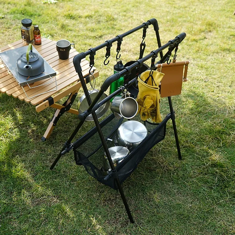 2 Layer Camping Cookware Hanging Rack Tripod Stand Hooks Foldable Multifunctional Organizer for Hiking Picnic Bonfire Barbecue