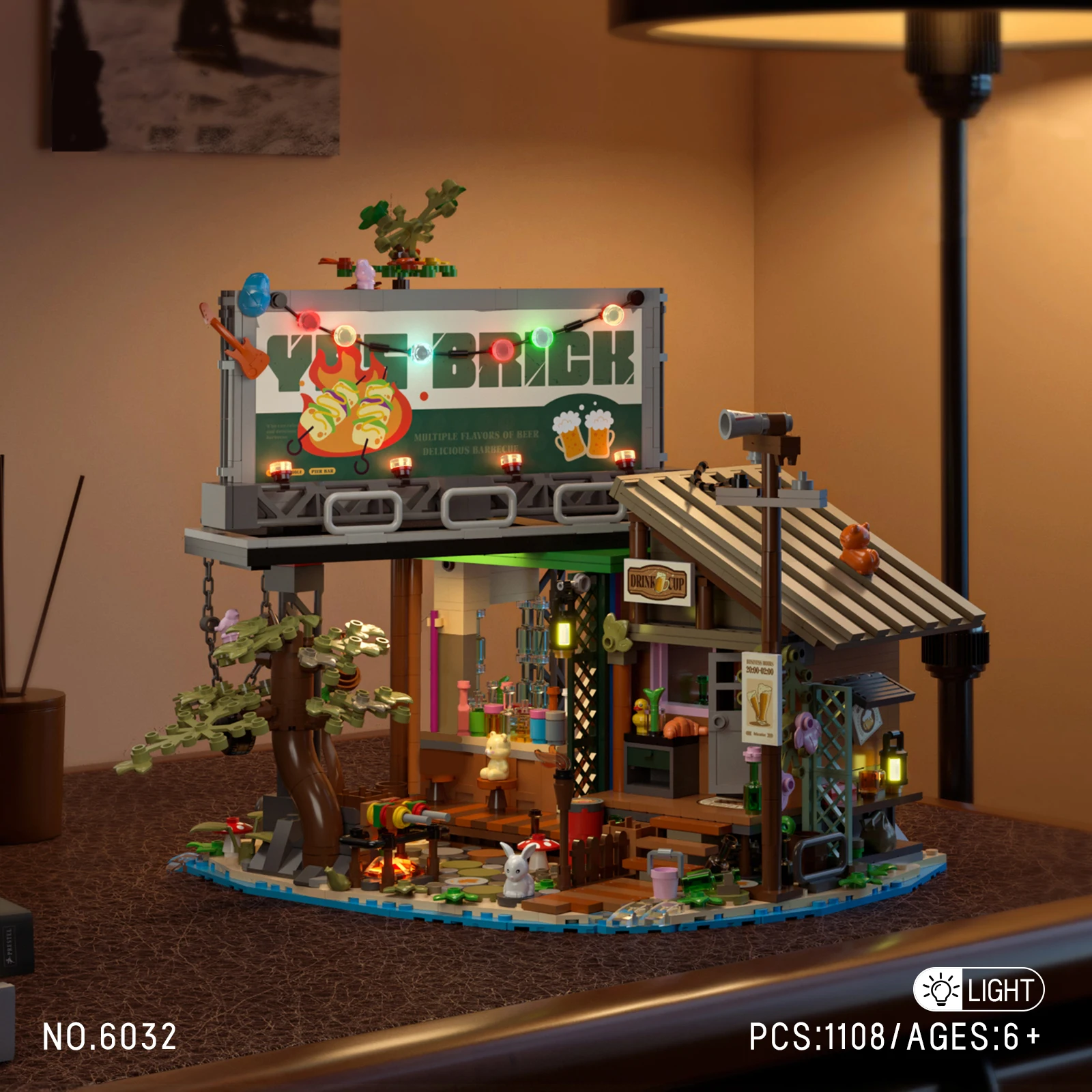 6032 مكعبات بناء بار الرصيف مع ضوء LED عرض شارع المدينة كابينة خشبية منزل تجميع اللبنات لعب الأطفال