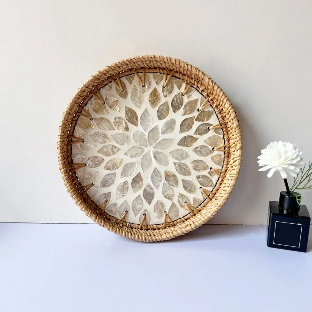 New Shell Mosaic Round Woven Tray Home Decor Handmade Rattan Serving Tray Decorative Decorative Wall Plate