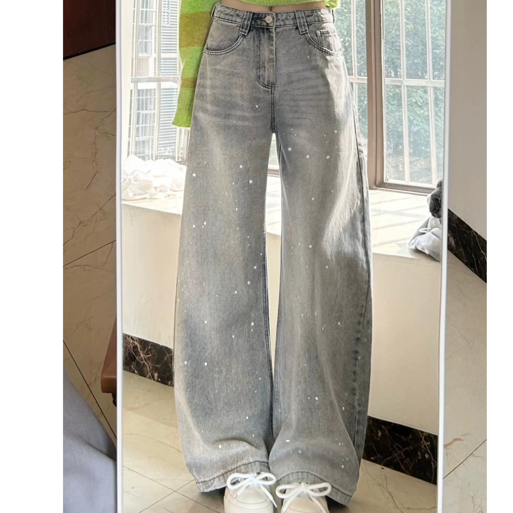 

Retro Washed Distressed Spray Ink Wide Leg Jeans Women Trendy American Street Loose Trousers High-waisted Jeans
