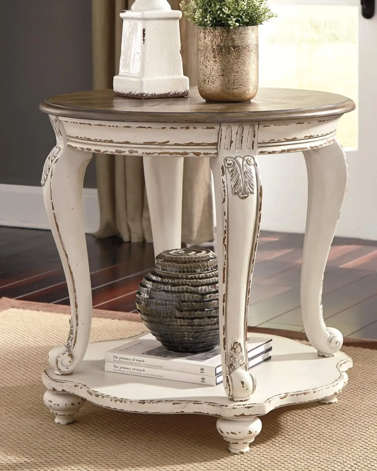 Design by Ashley Realyn French Country Two Tone Round End Table, Chipped White