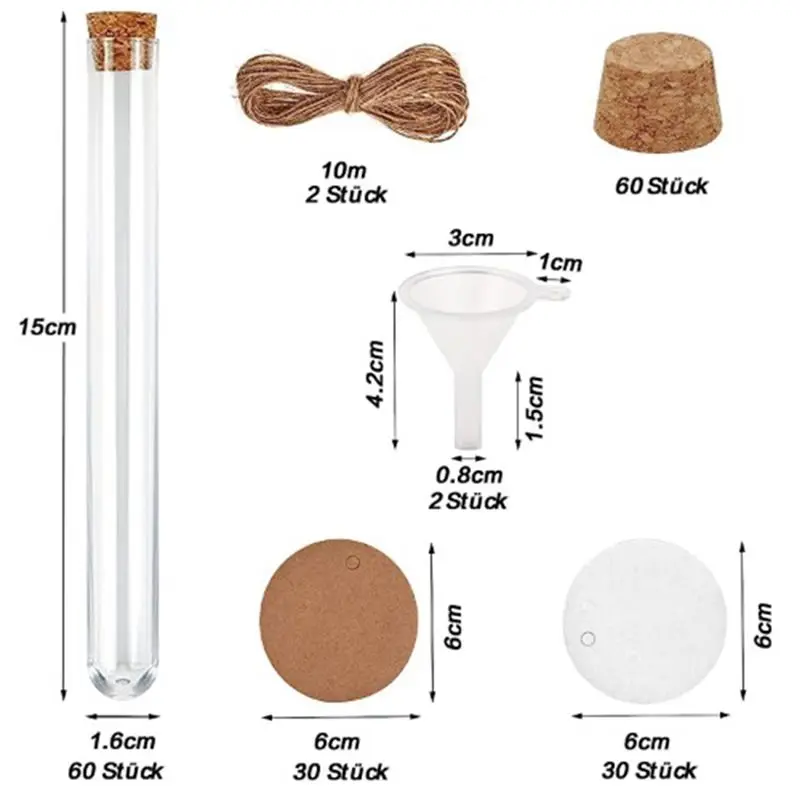 A56K 60 Pcs Test Tube With Cork, 16X150mm(20Ml), Plastic Test Tubes With Paper Tag & jute Rope Funnel