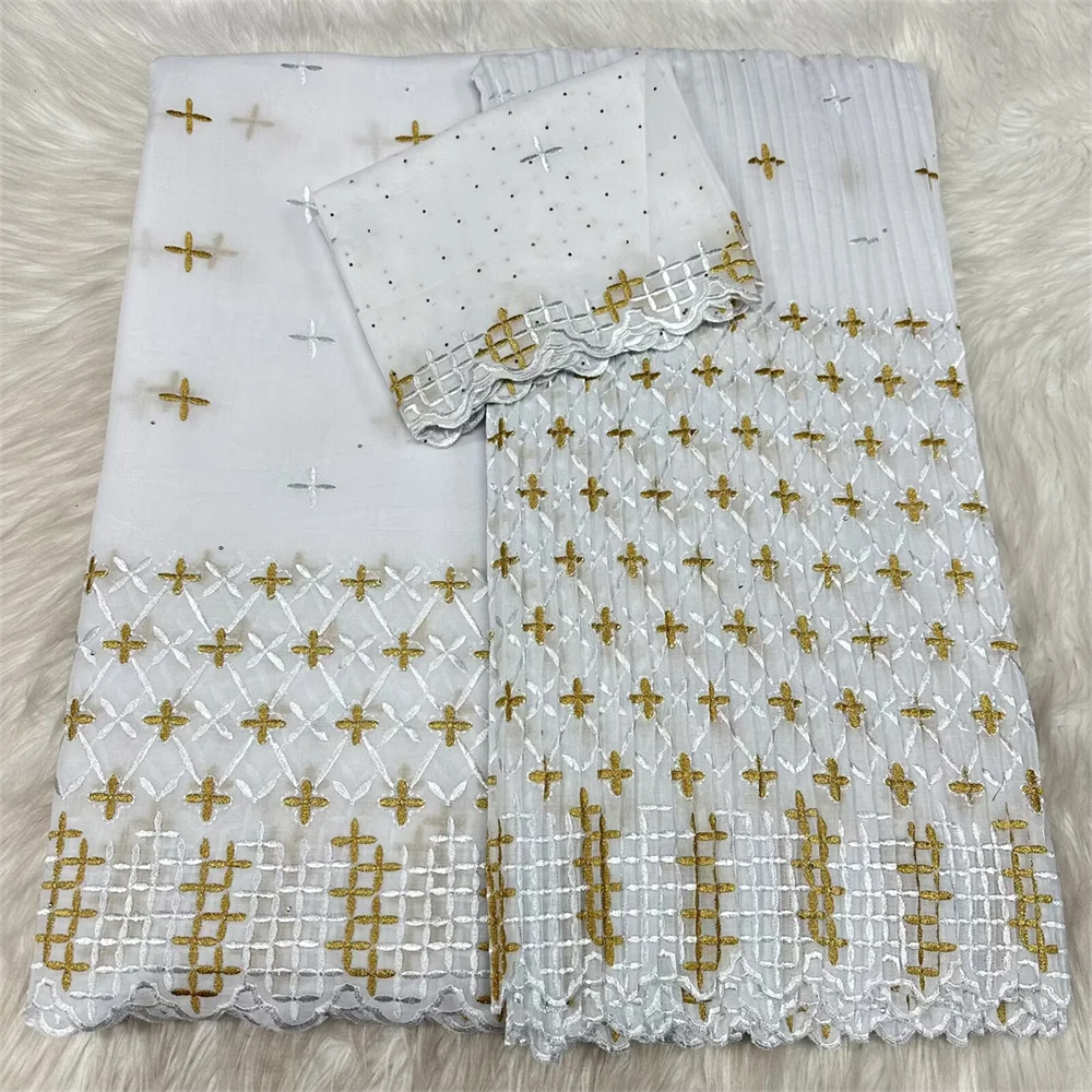 

White 2.5+2.5+2 Yard Swiss Voile Dry Lace Fabric Embroidery African Polyester Cotton Fold Popular Dubai Style For Party Material