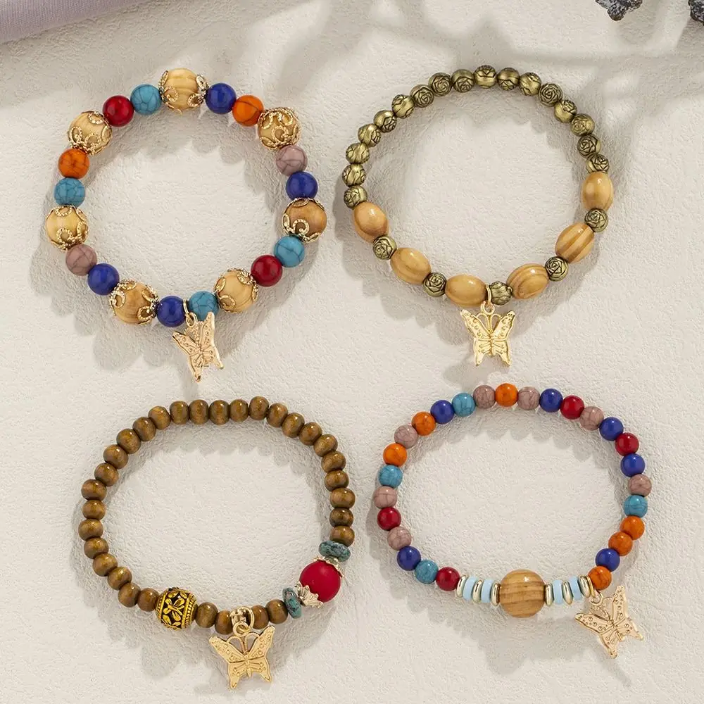 4pcs/Set Fashion Butterfly Charm Bracelet Set Handmade Beach Wood Beads Bracelet Elastic Chain Bohemian Style Layered Bracelet