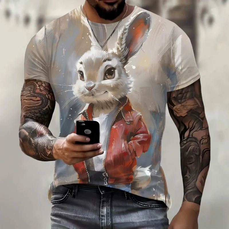 Fox Rabbit Ostrich Pattern T Shirt For Men Funny Animal 3D Printed Tees Casual Short Sleeve Round Neck Tops Street T-Shirts