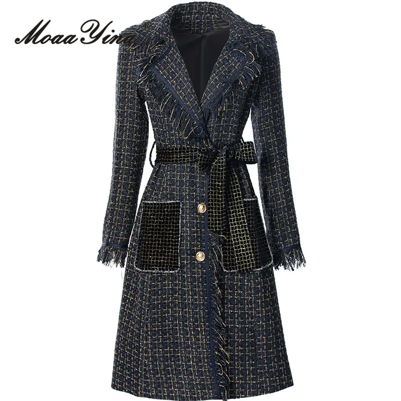 MoaaYina Autumn/Winter New Style Vintage Women's Coat Notched Single-Breasted Long-Sleeved Streetwear Fashion Overcoat