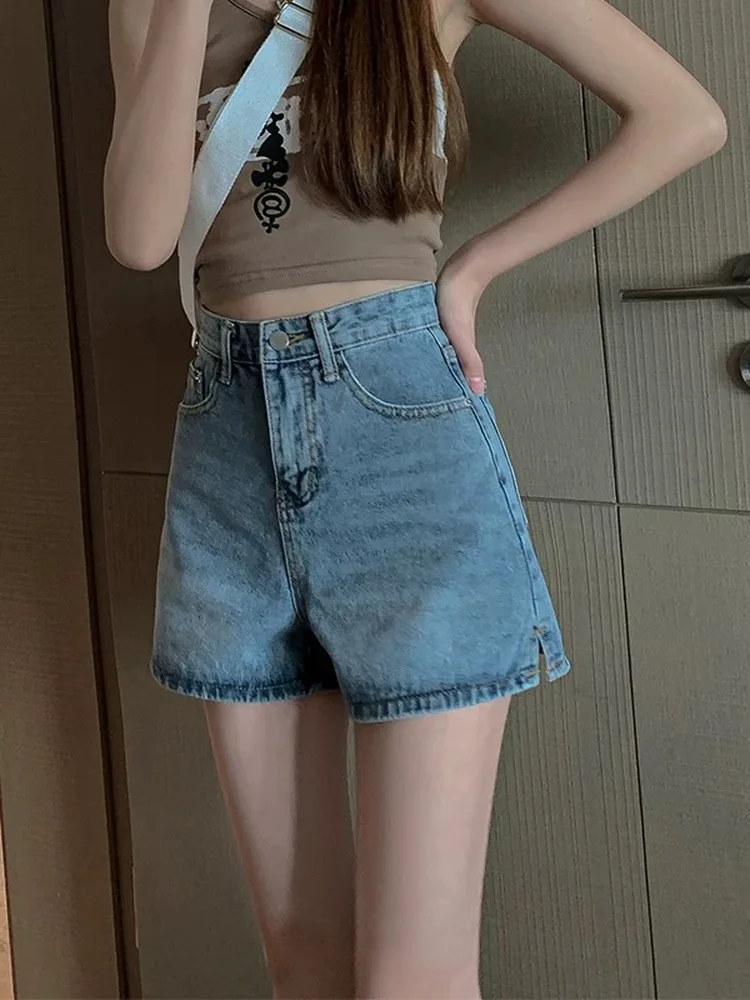 High Waist A-Line Denim Shorts for plus Size Women Spring Summer Loose Slimming Side Slit Wide Leg Hot Pants