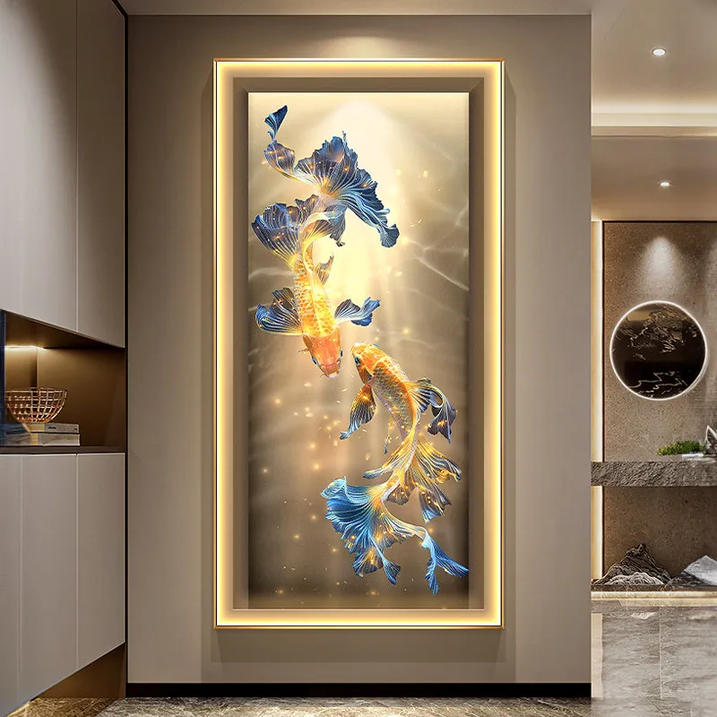 Modern Luxury Entrance Decorative Painting Abstract Art Golden Koi Hanging Painting Corridor Wall Decoration LED Light Painting