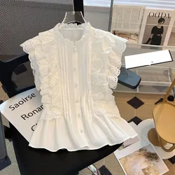 Summer New Temperament Flying sleeve Shirt Women's 2024 Round Neck Hollow Ruffles Design Sense White Top Trend Cardigan Blouses