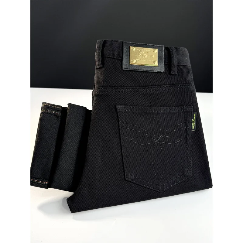 

Embroidered black jeans for men, slim fit with small feet, trendy brand men's clothing, elastic autumn new casual long pants