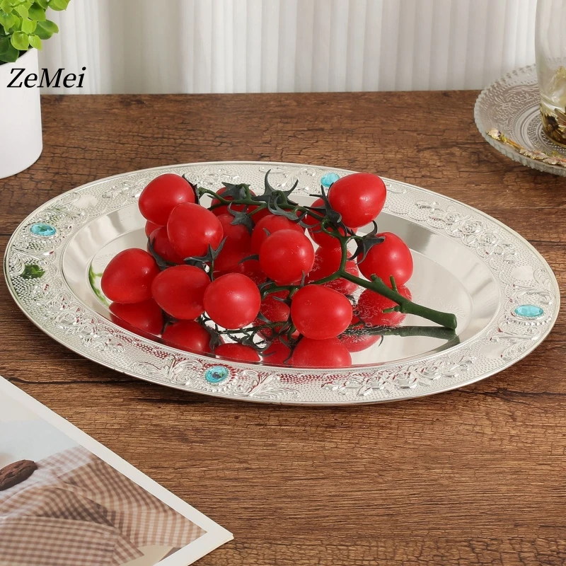 European Style Oval Fruit Plate,Exquisite Patterned Blue Diamond Silver Metal Cake Plate Home Tray,Snack Disc Table Decoration