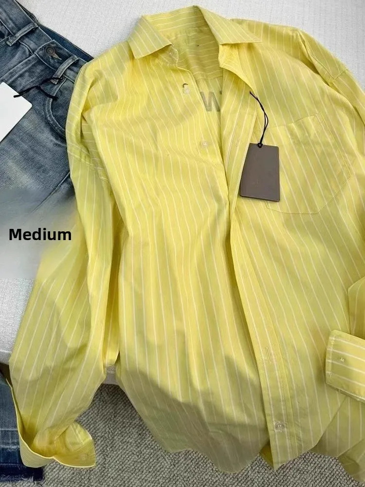 

Casual Sle Yellow Striped Collar irt Loose Fit ex Spring Autumn Dopane Layering Top Korean Design Sense