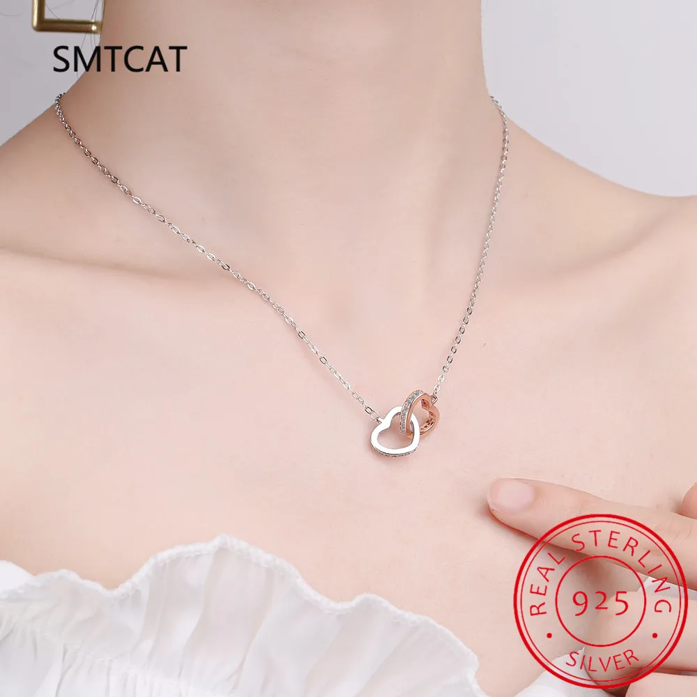 Fashion 925 Sterling Silver Necklace Pendant Rose Gold Double Heart Crystal Pendant For Women Korean Jewelry With Chain Gift