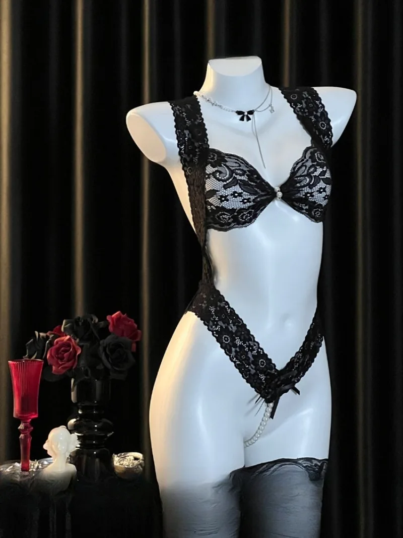 

Bold Lace Mesh One-piece Sleepwear Women,Beaded Detail with Backless Design,Sexy Yet Elegant Home Pajama Set Night Relaxation