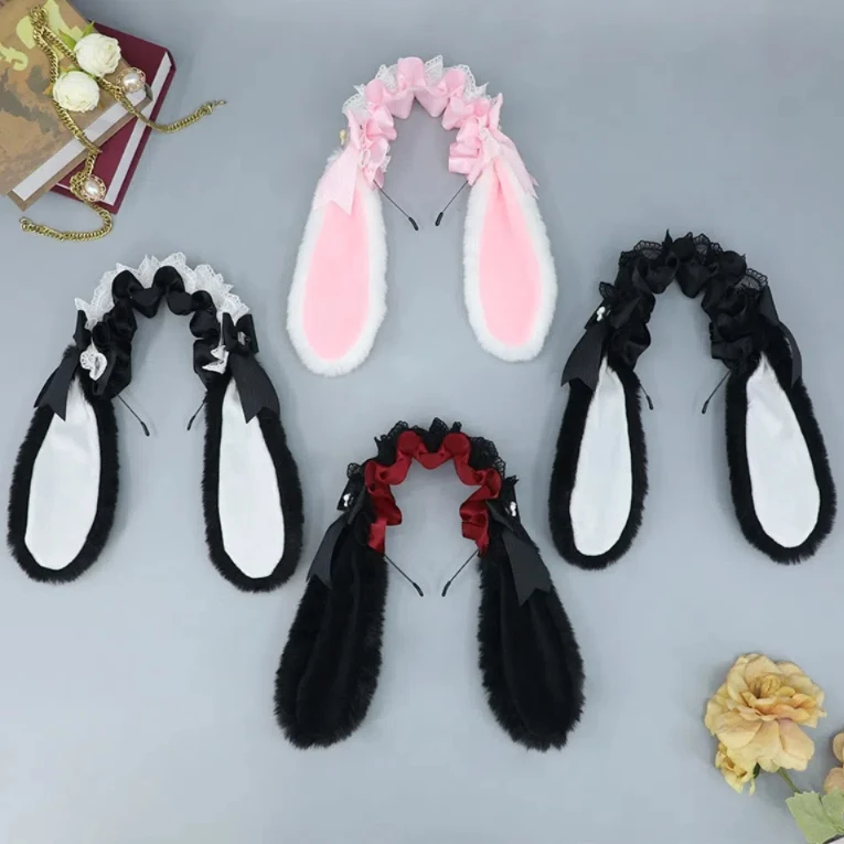 Ruffle Bowknot Plush Bunny Hair Hoop Ribbon Furry Lolita Rabbit Ears Headband Cute Lace Cosplay Hair Bands Comic Show