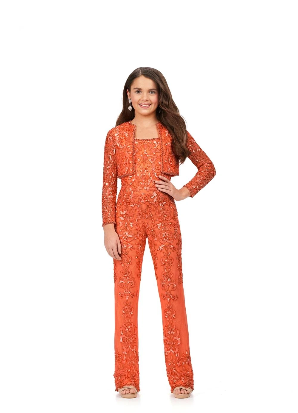 

Snvdzo Full Beaded Two Piece Cropped Jacket Flared Jumpsuit Pant Style For Girls Kids Pageant Runway Birthday Formal Talent Show