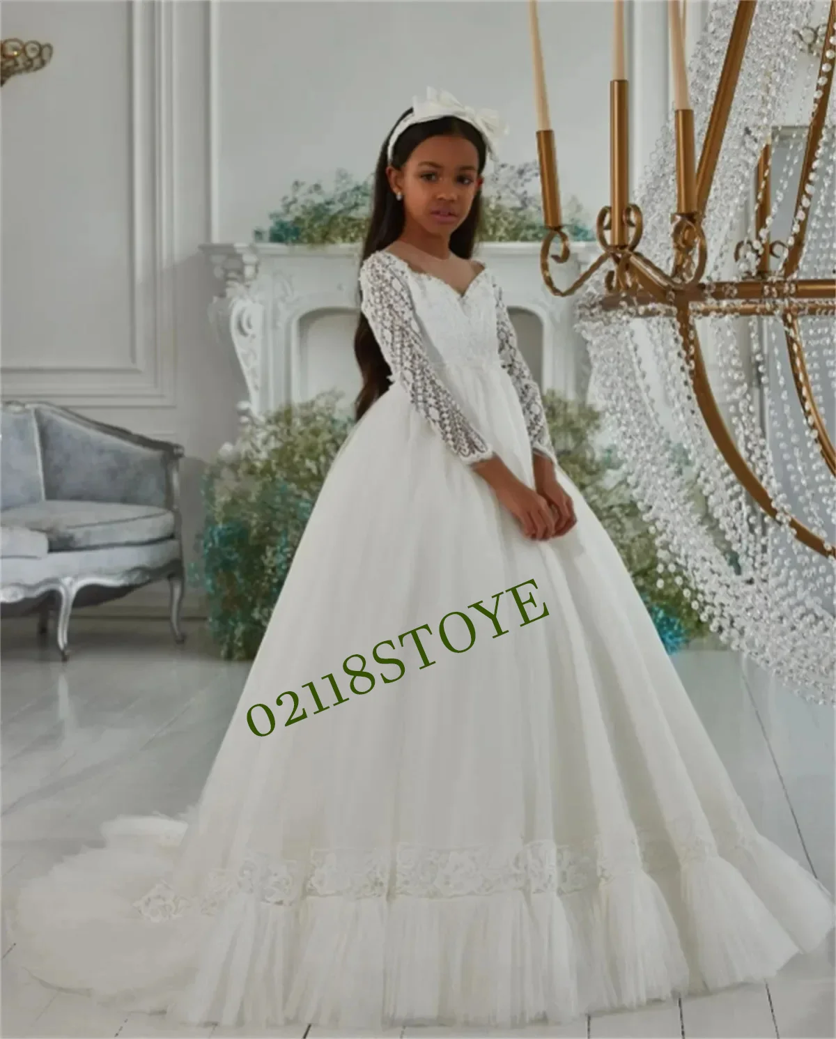 

CustomizedFlower Girl Dress White Fluffy Tulle Sparkly Long Sleeve Wedding Elegant Flower Child's First Eucharistic Birthday Par