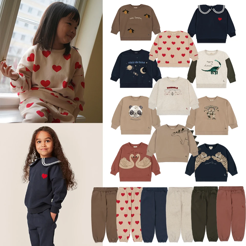 Ks Kids Panda Sequin Pullover Hooded Boy Dinosaurs Sweatshirt Pants Suit Girls Love Heart Print Sweatpants Children Clothes Set