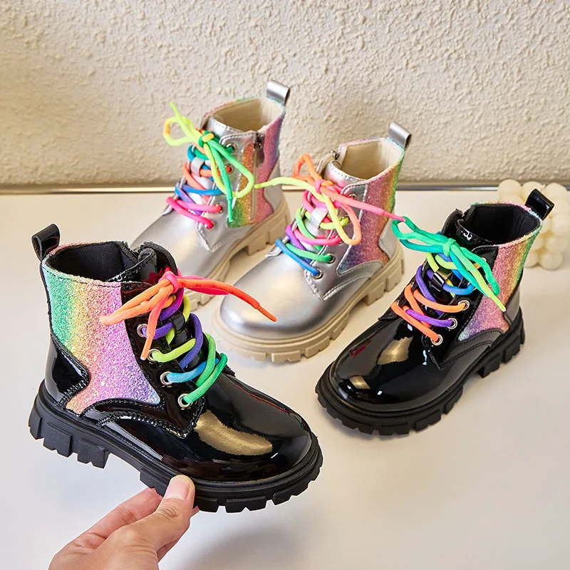 

Kids'Boots Colorful PU Leather Soft Bottom Fashion Autumn Shoes For Children Anti-slip Breathable Sliver Black Size 26-36