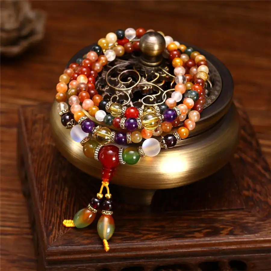

6mm Color agate Gemstone 108 Beads Mala Bracelet tassel Nirvana Women Stone Tibetan Chakra Bead Bodhi Natural stone Spiritual