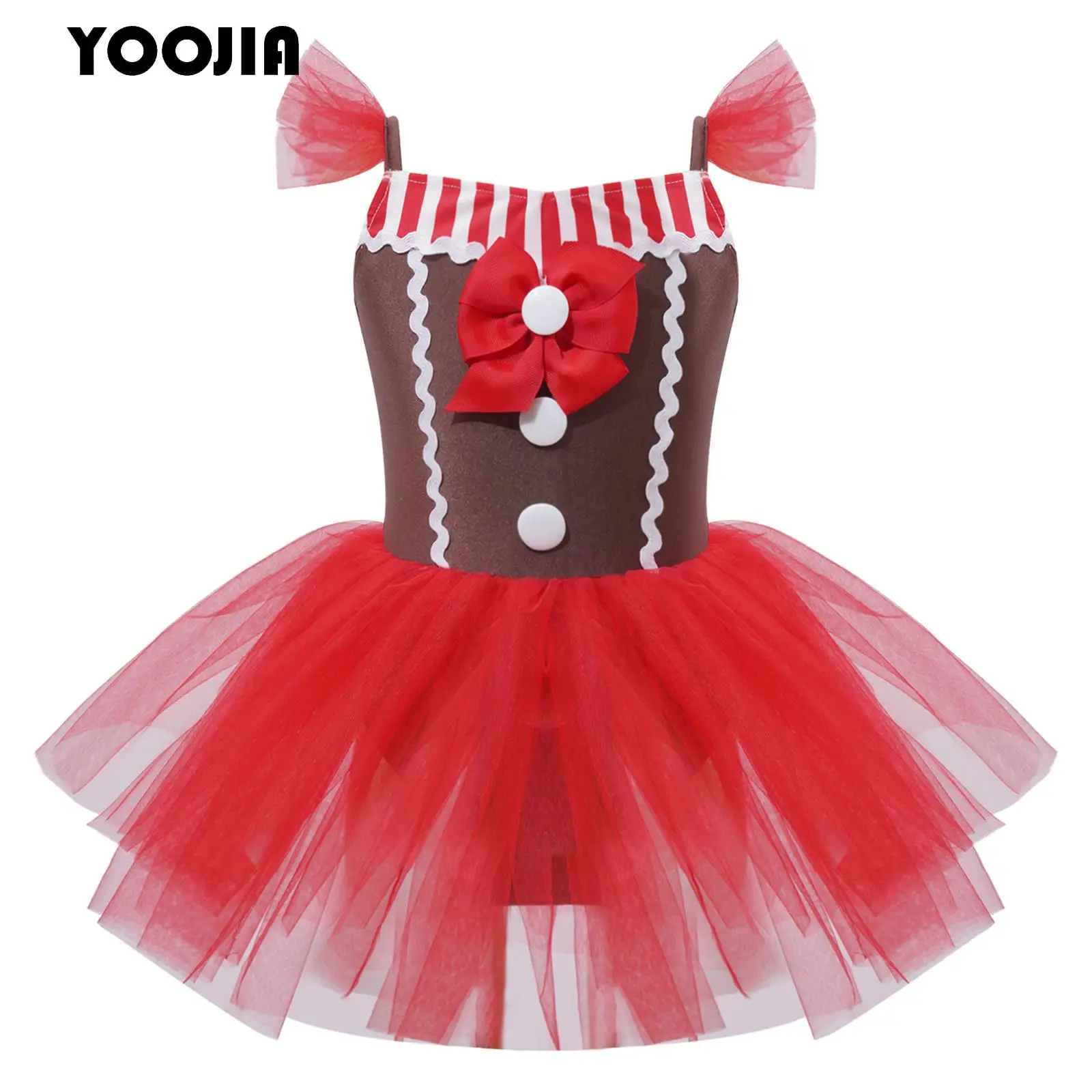 

Kids Girl Christmas Gingerbread Costume Striped Bowknot Mesh Tutu Ballet Leotard Dress Halloween Cosplay Stage Dance Wear