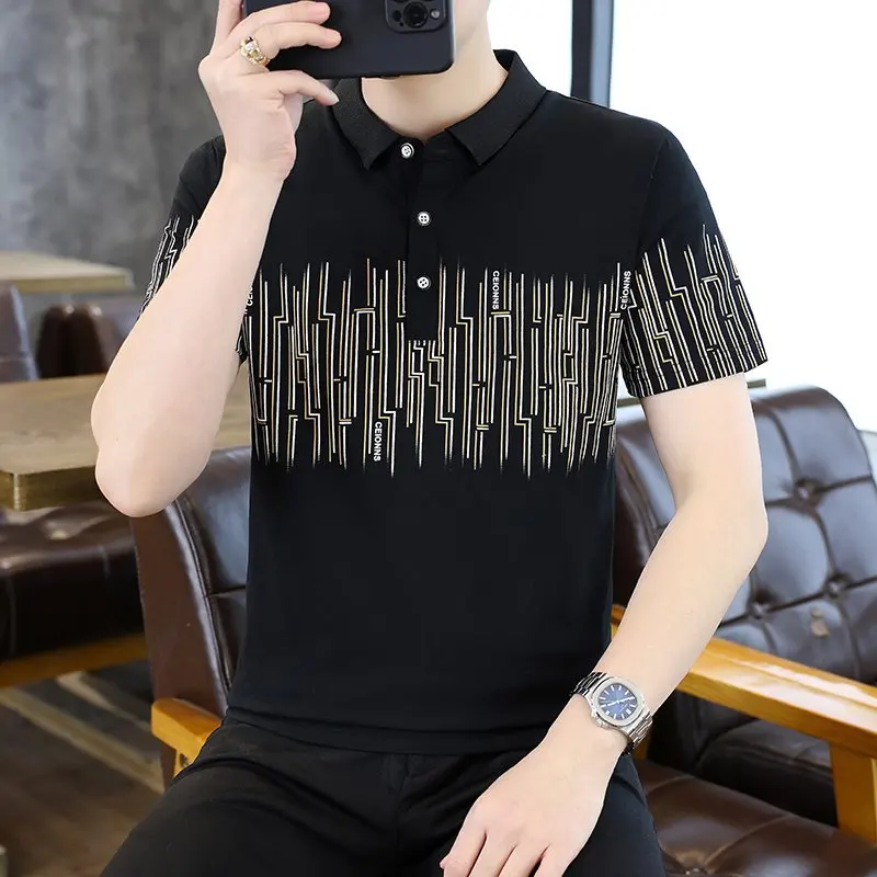 

Мужская футболка-поло с минималистичным принтом в корейском стиле, приталенная, повседневная, высококачественная, для деловых встреч, мужская одежда