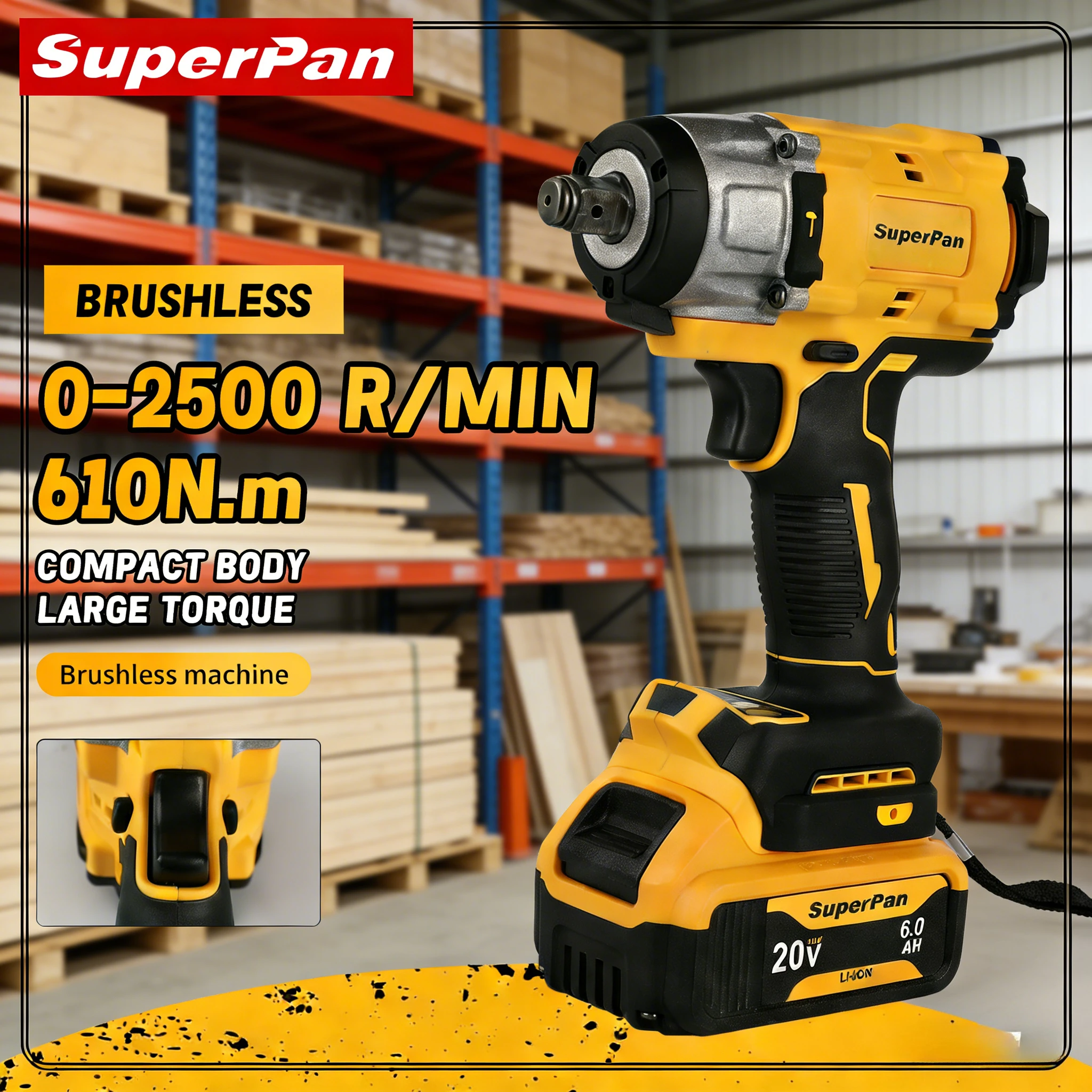 

Ударный гайковерт SuperPan SP922, 406 Нм, 1/2 дюйма, для механических работ, автосервиса, совместим с аккумулятором DeWalt 20В