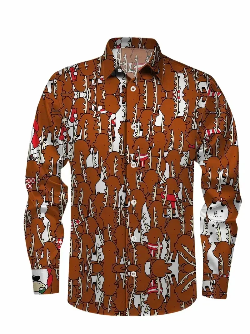 2026 الرجال عيد الميلاد ثلج الرنة ثلاثية الأبعاد الطباعة طويلة الأكمام زر حتى قميص مع أنماط مطبوعة قميص الحفلات قميص رجالي #4