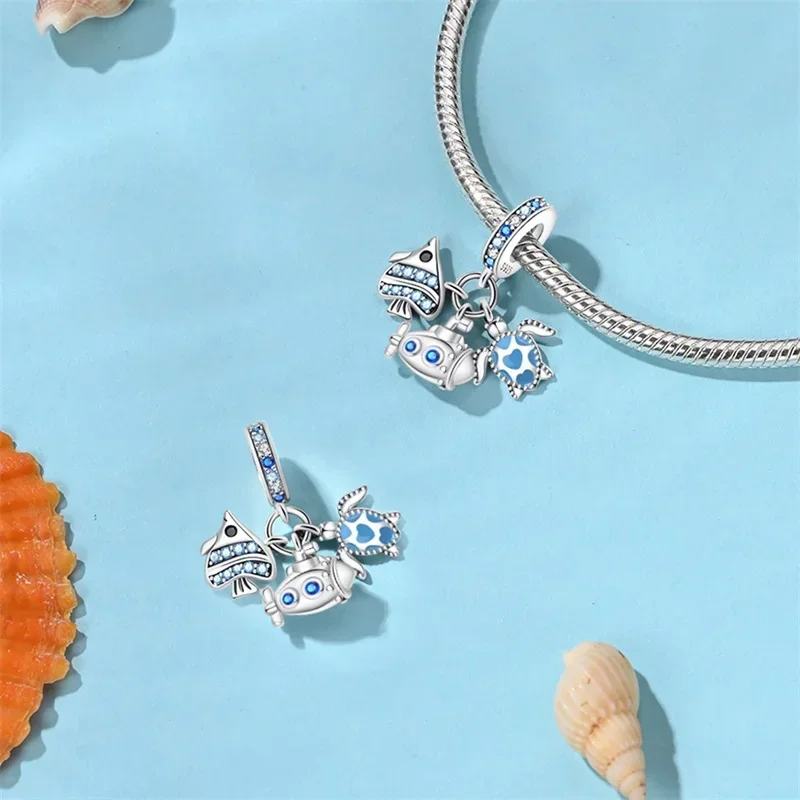 925 Sterling Silver Blue Ocean Ship Lighthouse Starfish Turtle Dolphin Charms Pendants Fit Original Bracelets DIY Jewelry Making