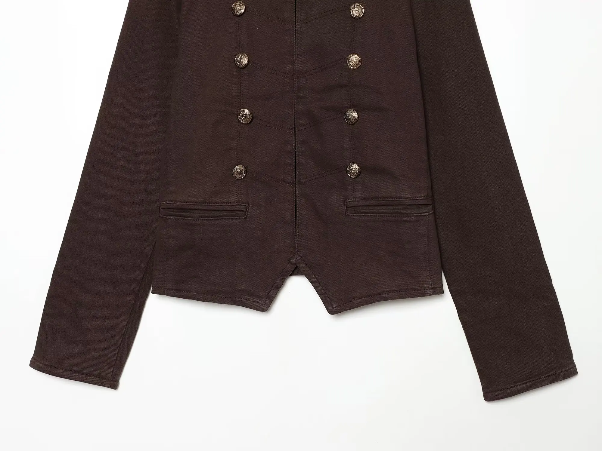 BSAY Vintage Napoleon Denim-Jacke für Damen, Stehkragen, Doppelreihige Metallknöpfe, Schulterklappen, Figurbetont, Kurze Militär-Oberbekleidung – Detail 7