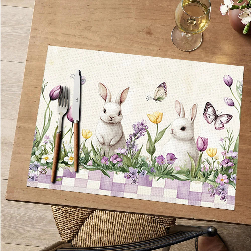 1PC Easter Bunny and Floral Print Placemats, Heat-insulating Placemats, Suitable for Home Decoration, Holiday Dinning