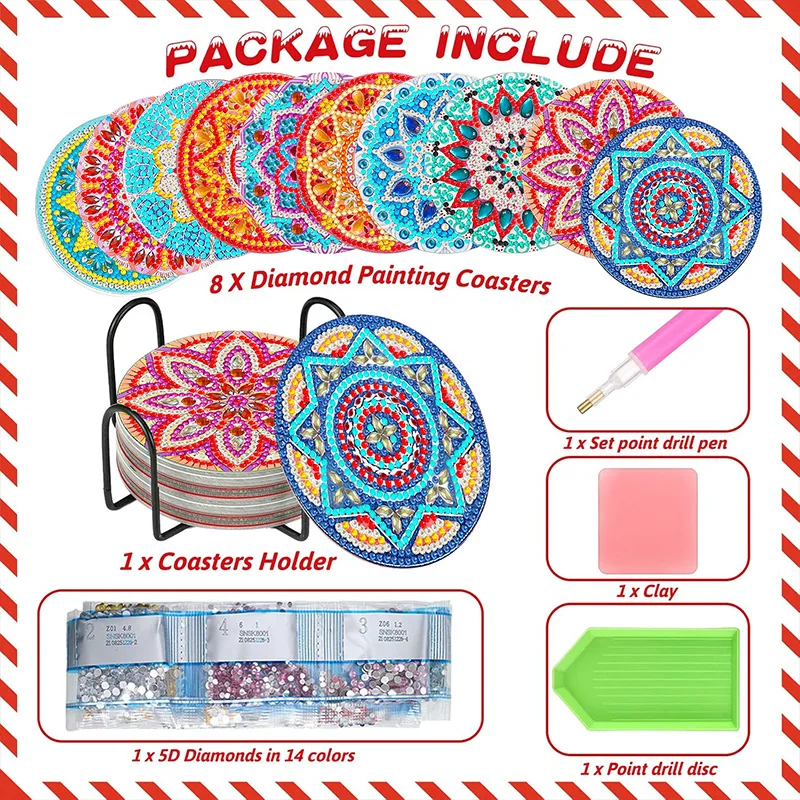 مجموعة مكونة من 10 قطع من الوقايات الخشبية المطلية بالألماس مع دعامات، موضوع ماندالا، هدية فنية يمكنك صنعها بنفسك، مقاومة للحرارة