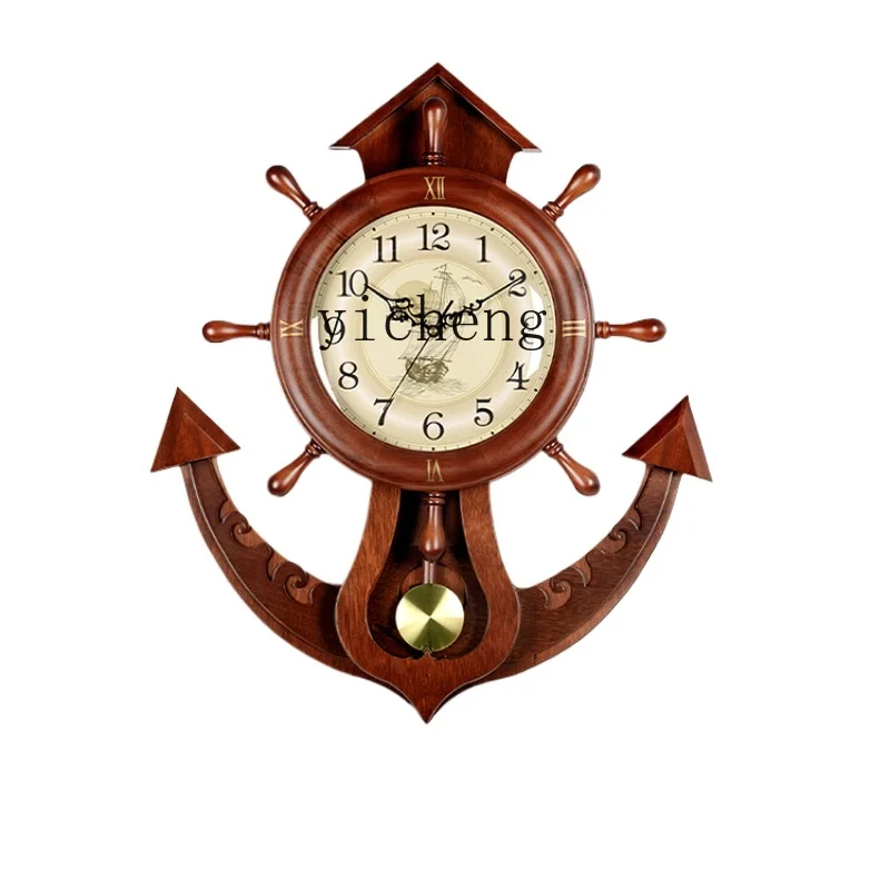 Tqh  Living Room Clock Home Clock Wall-Mounted Creative and Slightly Luxury Mediterranean Solid Wood Rudder Wall Clock