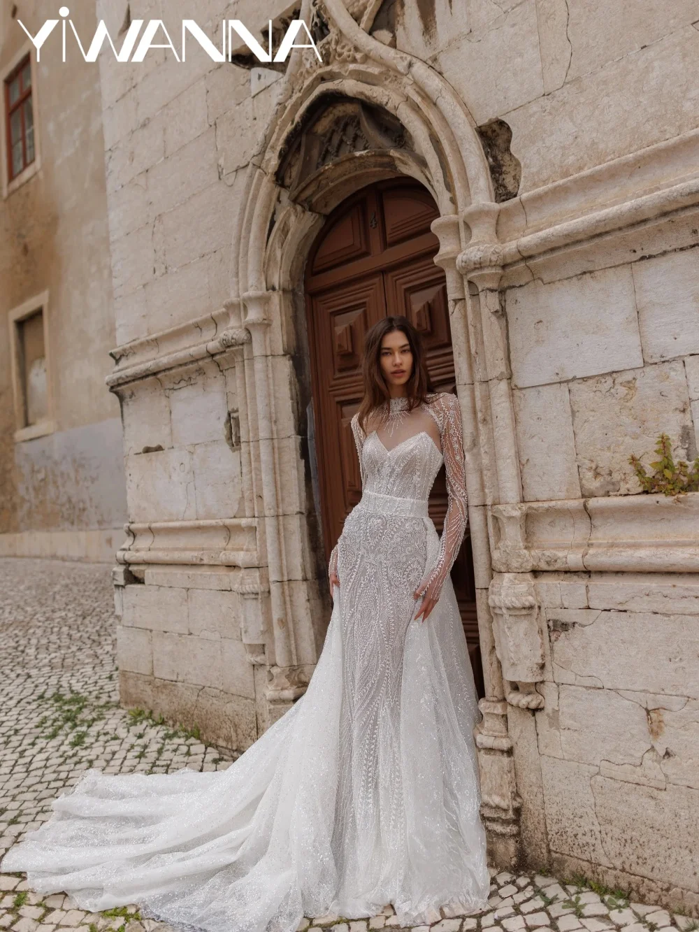 

Glamorous Beaded Appliques Wedding Dress With Lace Overskirt High Collar Long Sleeved Bridal Gown Customized Dresses For Bride