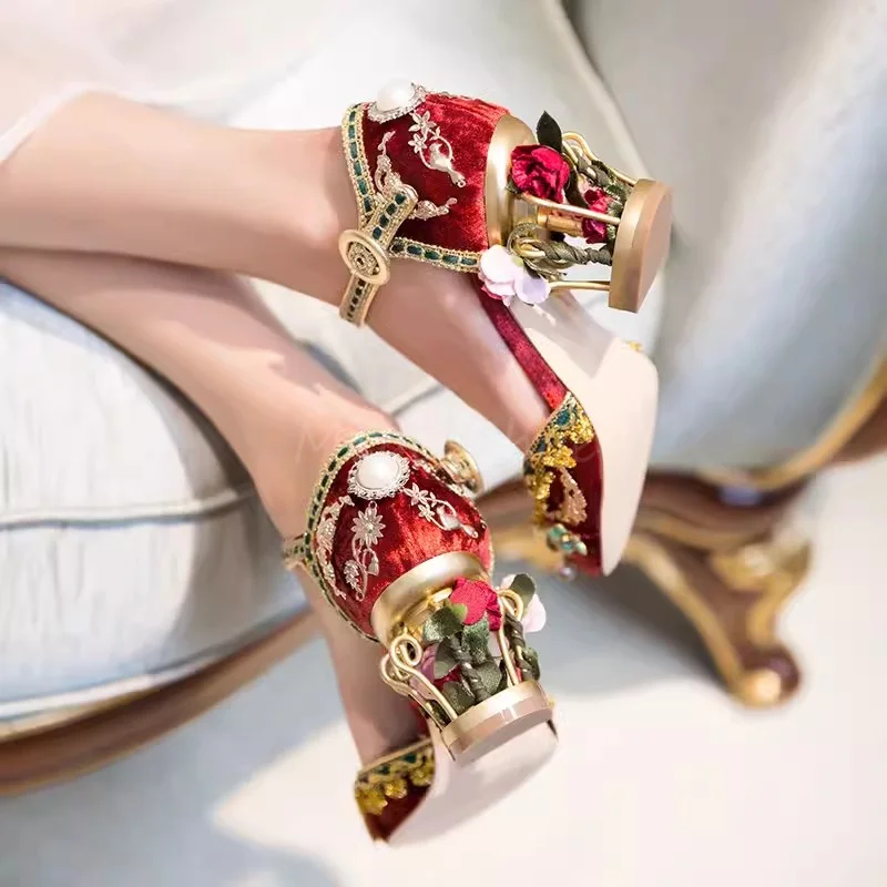 Bird Cage Shaped Rose Heel Sandals Women\'s Luxury Wedding Shoes Eastern Chinese Style Middle High Thick Heels Shoes Red Color