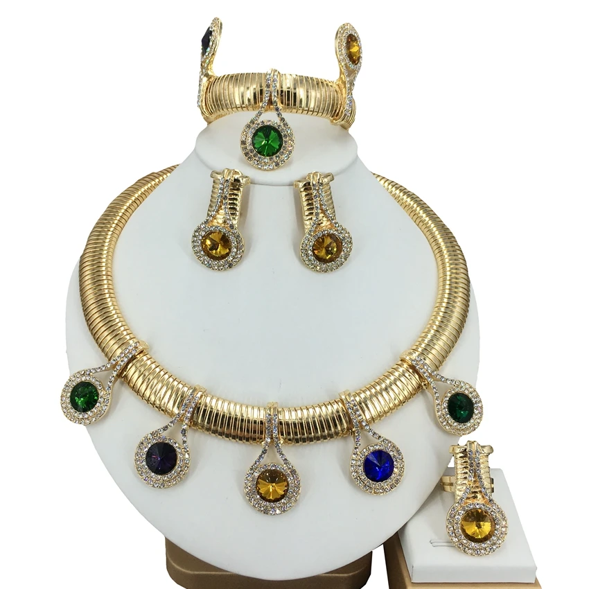 Luxury Italy Brazil Dubai Gold Color Big Jewelry Set High-end Woman Wedding Party Dating Necklace Bangle Earring Ring FHK15105