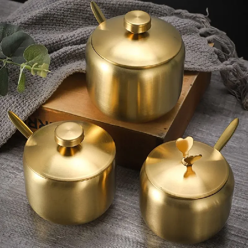 

Gold Silver Sugar Bowl With Spoon Lid Stainless Steel Small Condiment Container Large Capacity Seasoning Pot Kitchen Spices Jar
